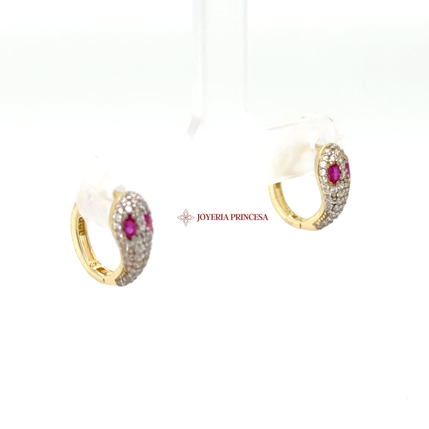 14K Gold Snake Huggie Earrings with Rubies & CZ