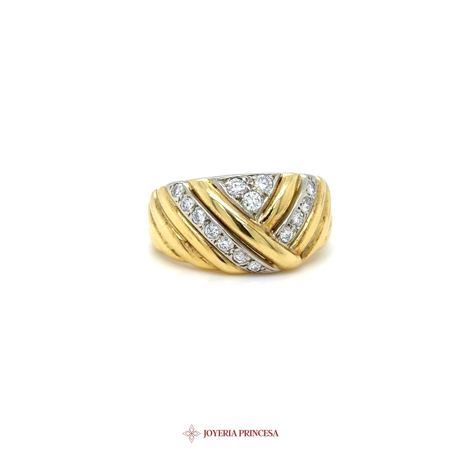 18K Gold Textured Band Ring with Simulated Diamonds