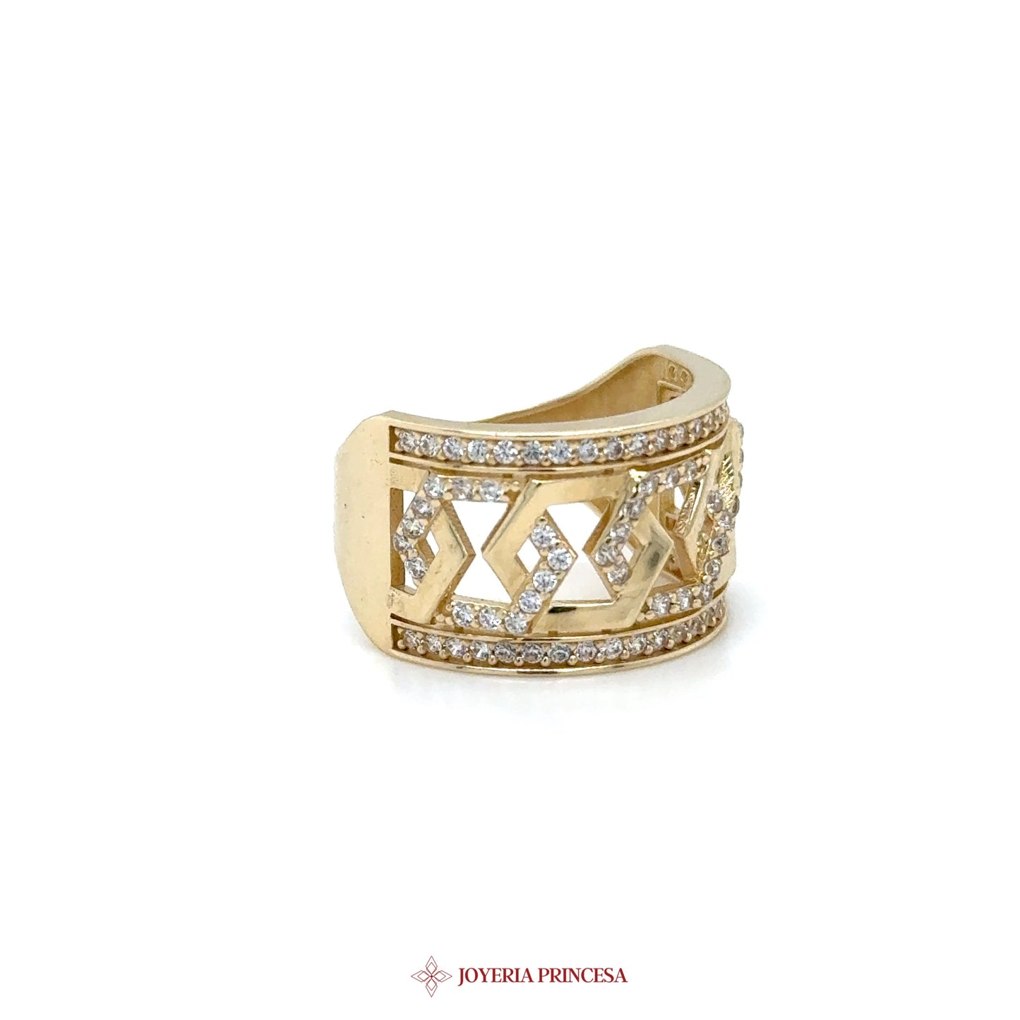 14K Gold Geometric Pattern Ring with CZ Stones