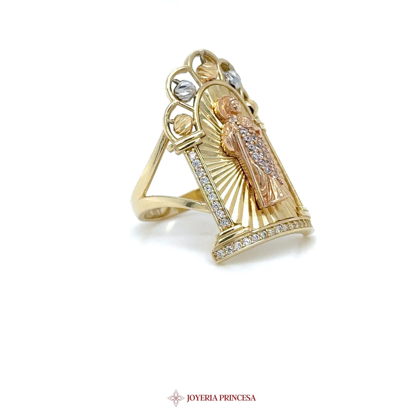 14K Gold Religious Motif Ring with CZ Accents