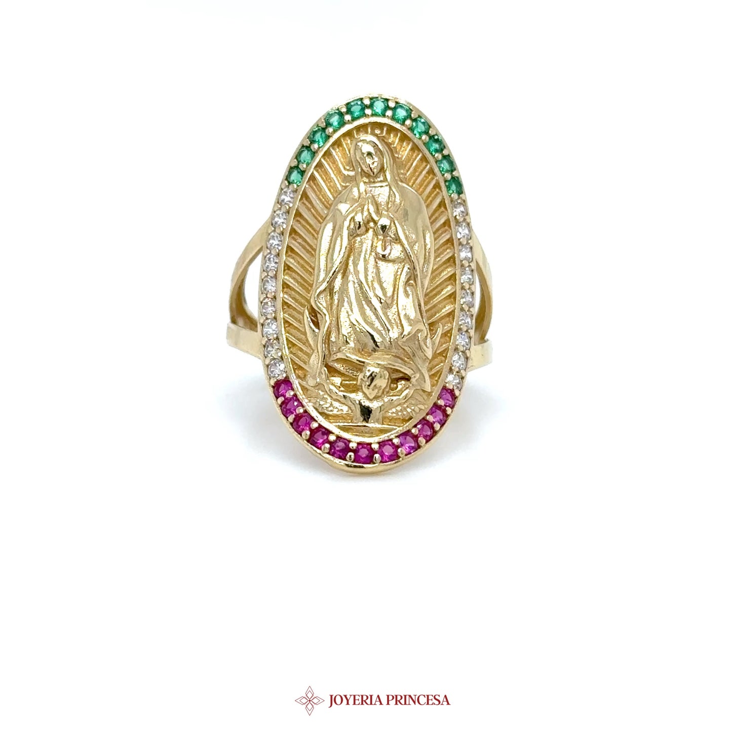 14K Gold Virgin Mary Ring with Colorful Stones