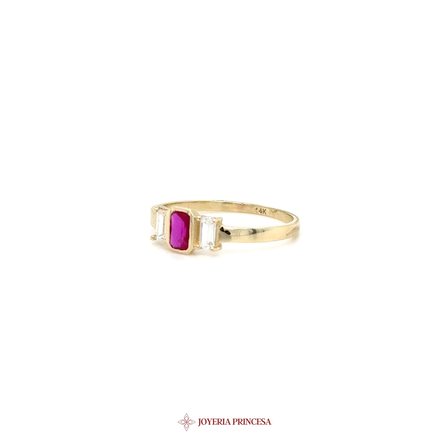 14K Gold Ruby and CZ Three-Stone Ring