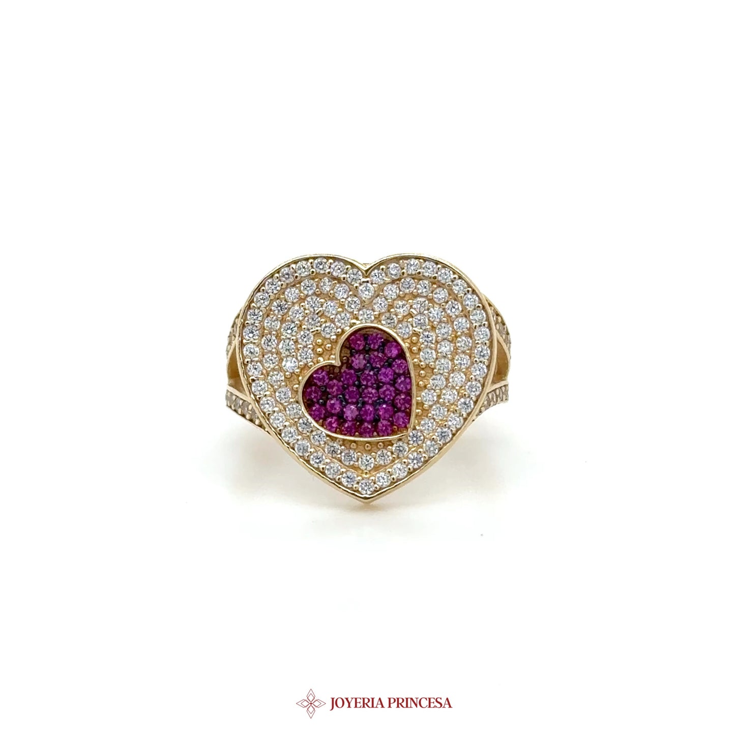 14K Heart-Shaped Ring with Purple and Clear Stones