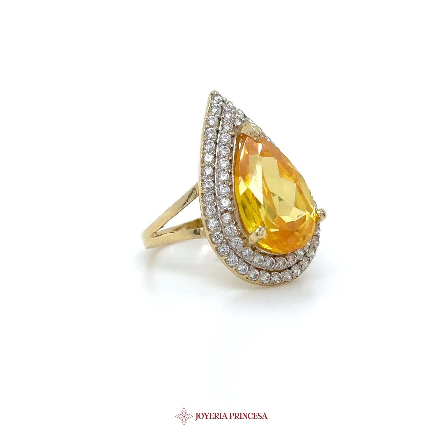 14K Yellow Gold Pear-Shaped Yellow Stone Ring with CZ