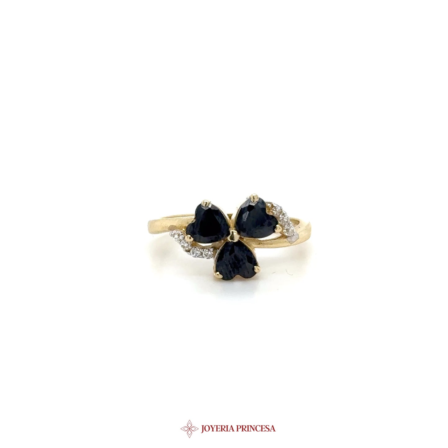 14K Gold Triple Heart Black Stone Ring