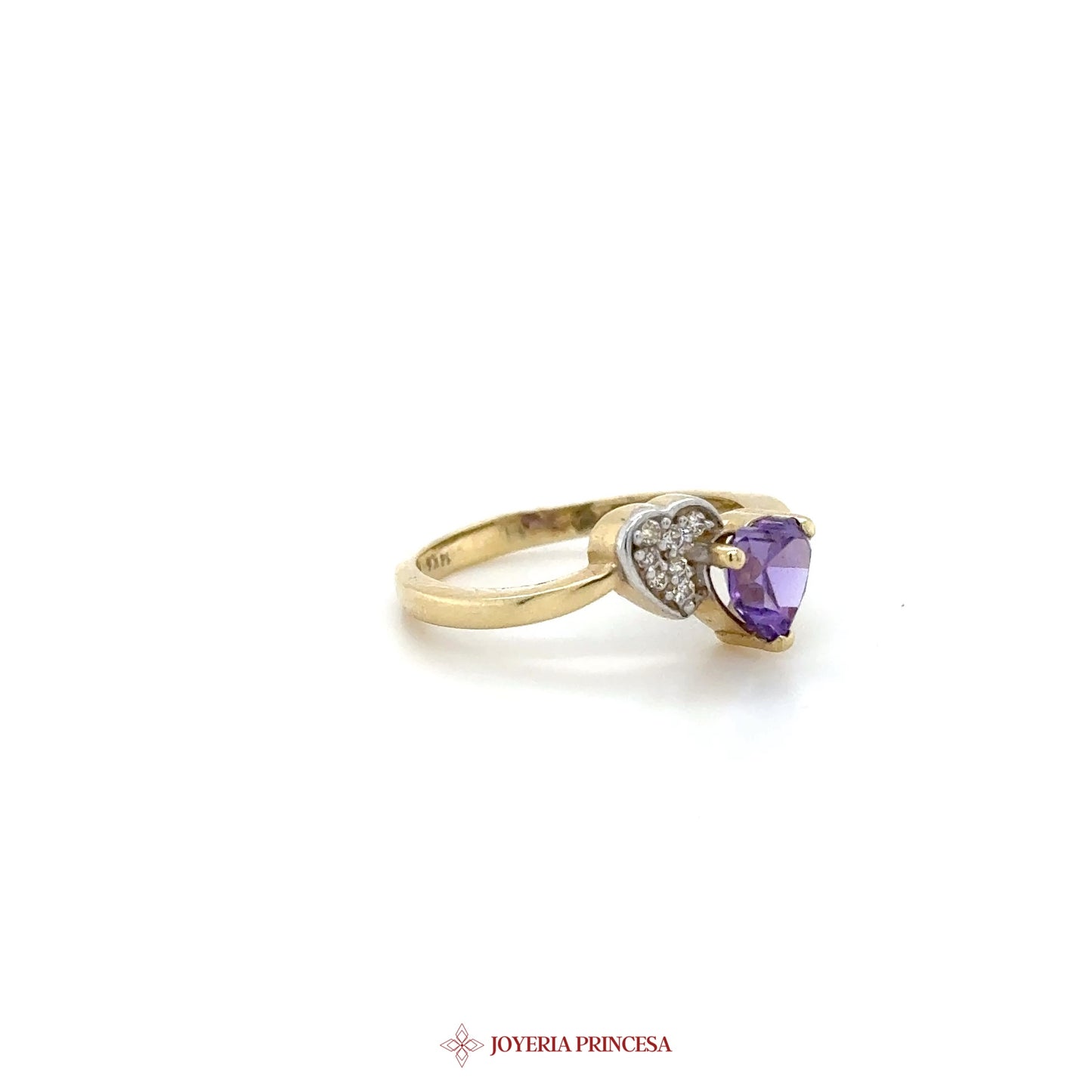 14K Yellow Gold Amethyst and CZ Heart Ring