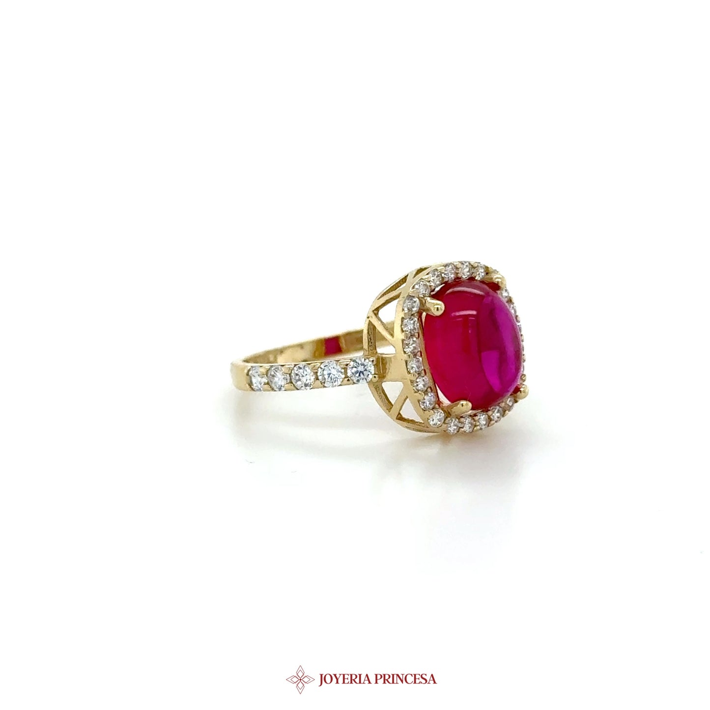 14K Gold Ruby and CZ Halo Engagement Ring
