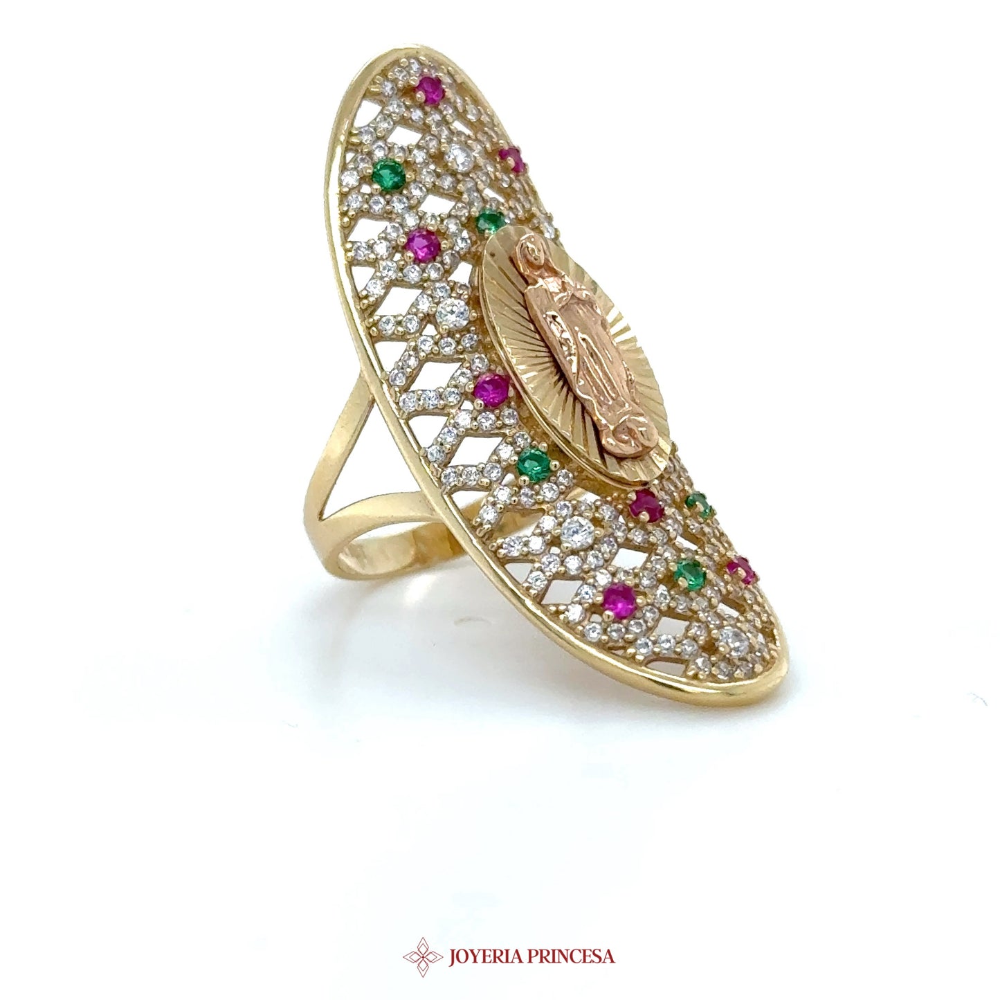 14K Gold Religious Motif Ring with Colorful Stones
