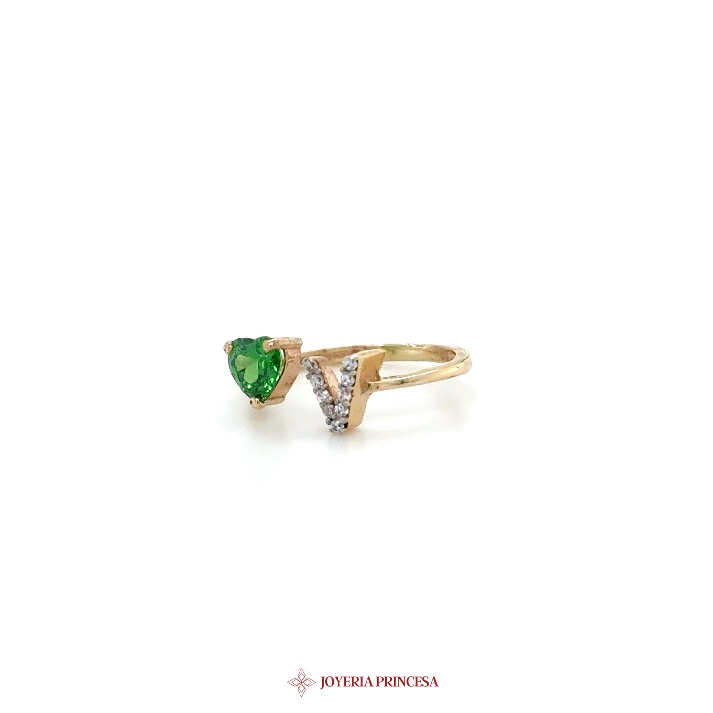 14K Heart and V-Shaped Ring with Green and CZ Stones
