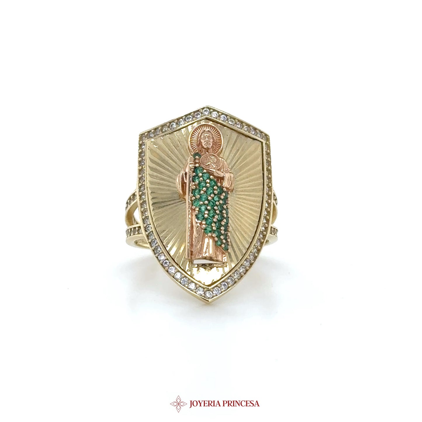 14K Gold Shield Ring with Religious Motif and Green Stones