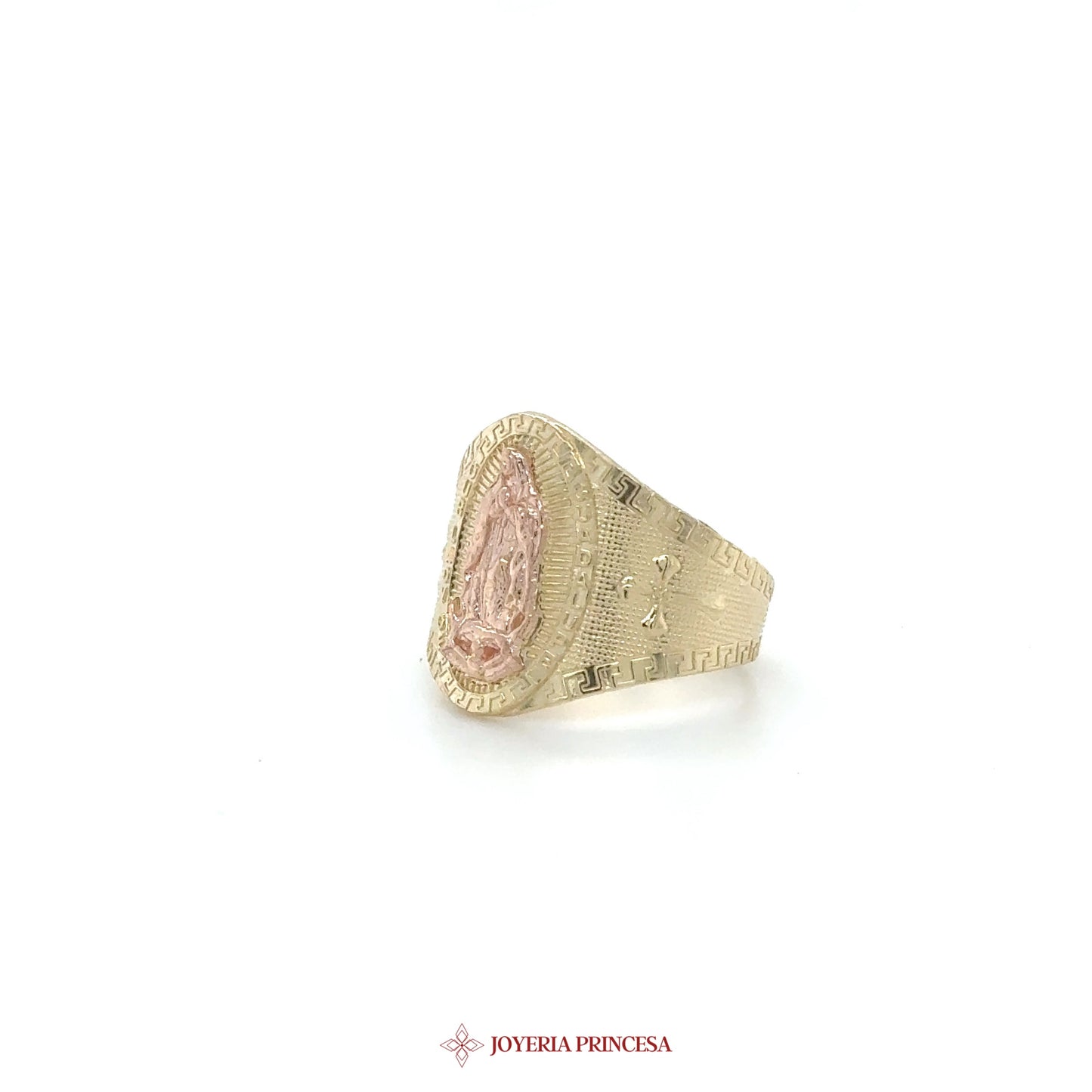 14K Gold Hexagonal Virgin Mary Ring with Pink Stone
