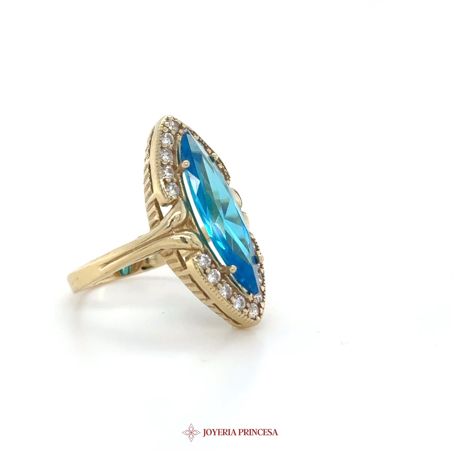 14K Gold Marquise Blue Stone Ring with CZ Accents