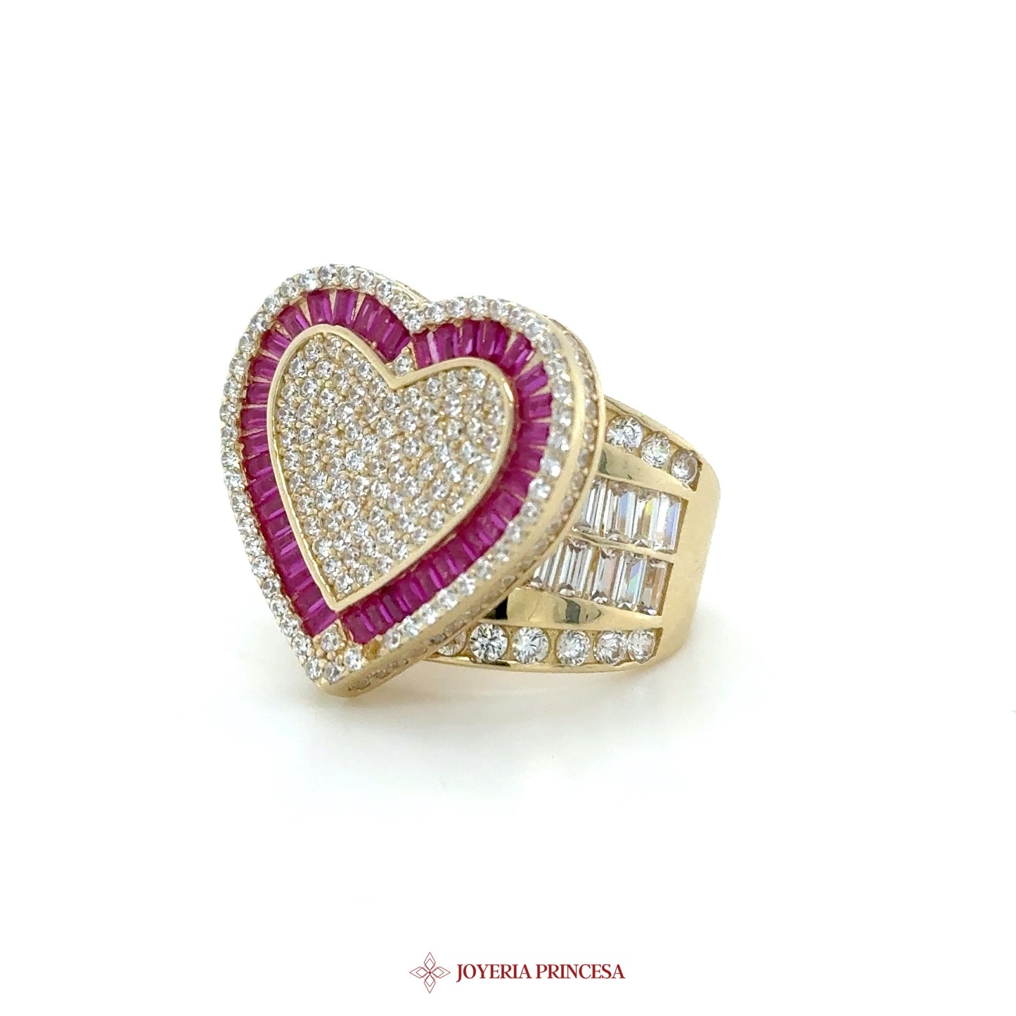 14K Gold Heart-Shaped Ring with Pink and Clear Stones
