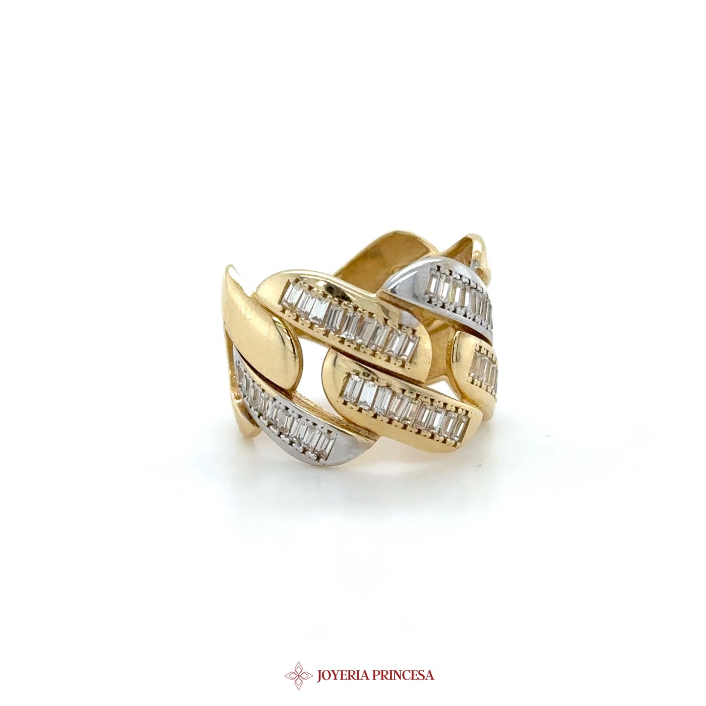 14K Gold Wave Design Ring with Baguette CZ Stones