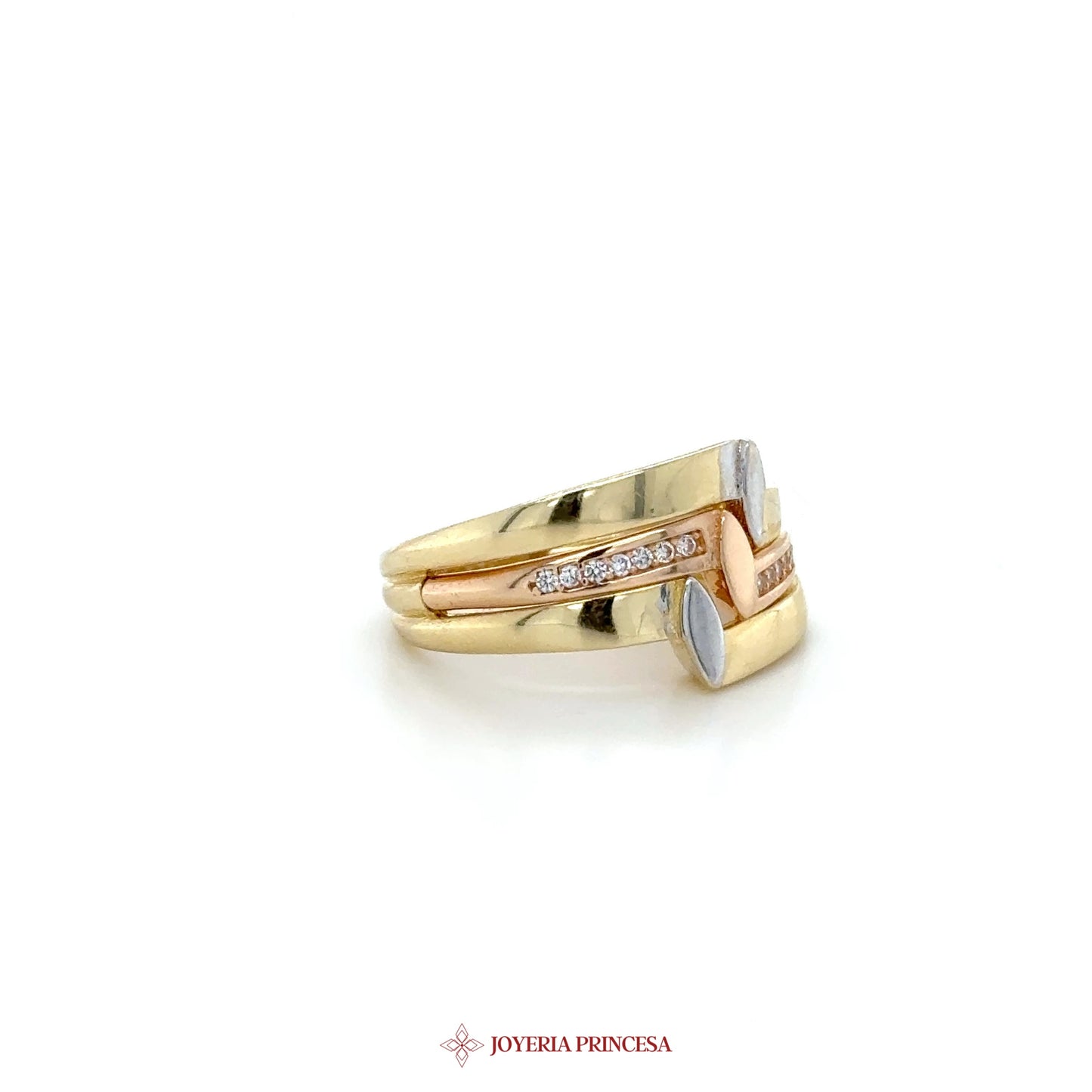 14K Gold Triple Band Ring with CZ Accents