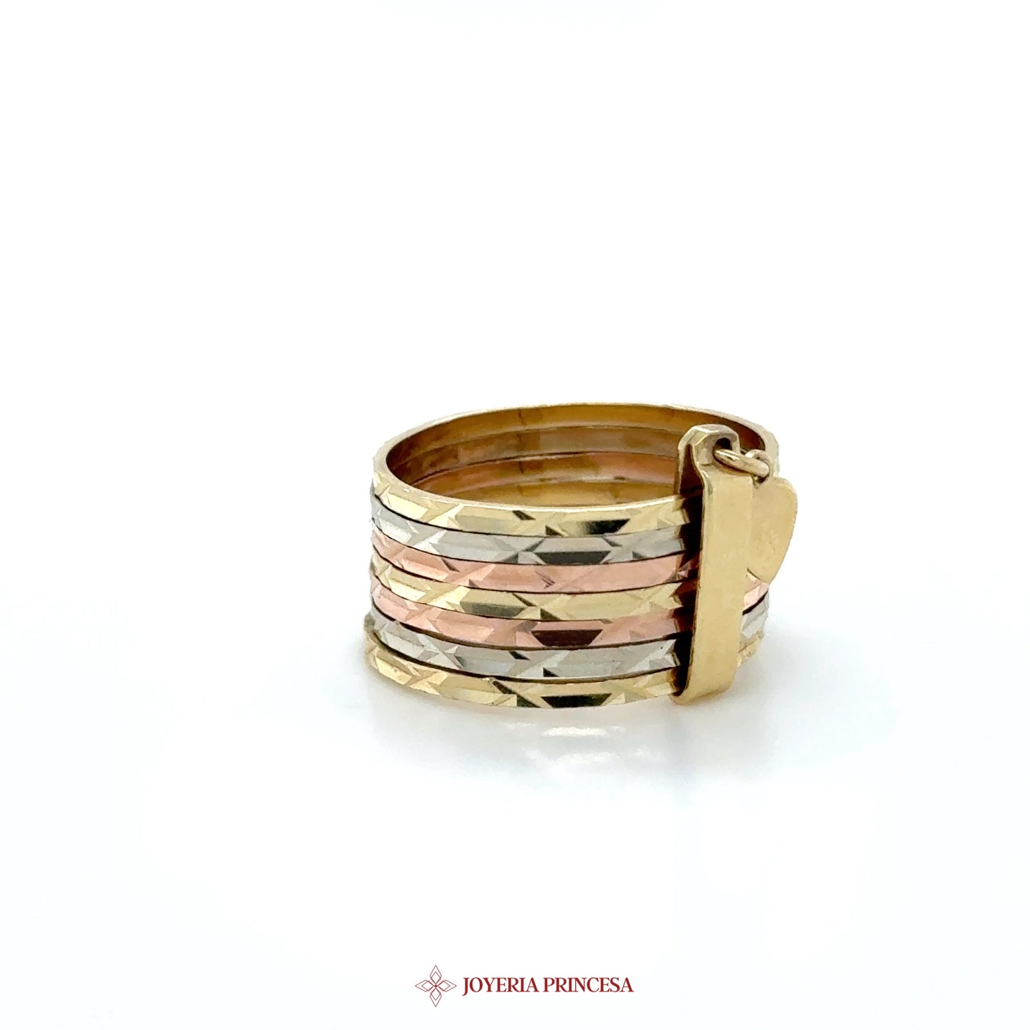14K Tri-Color Stacked Ring with Heart Charm