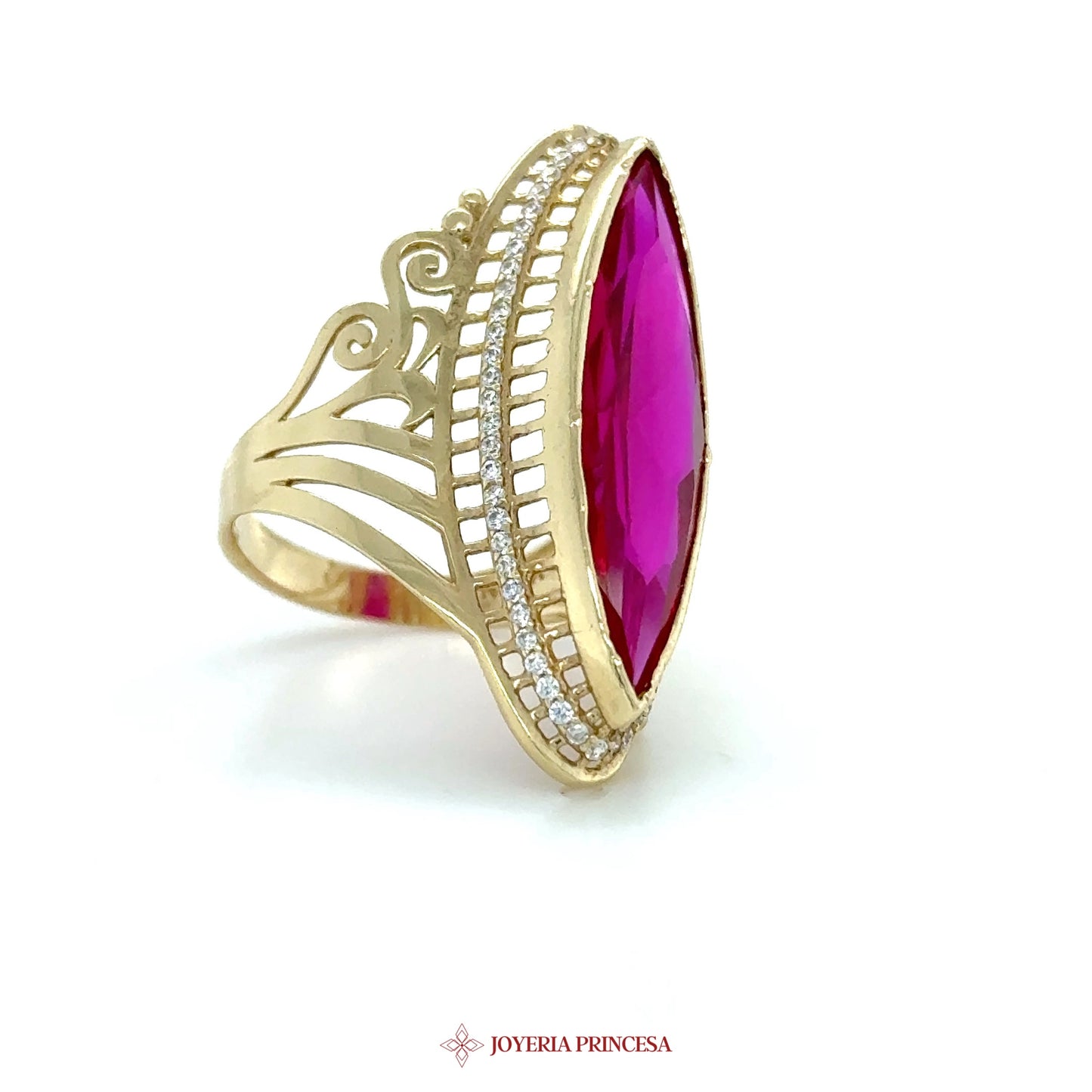 14K Gold Marquise Ring with Pink Stone and Filigree Detail