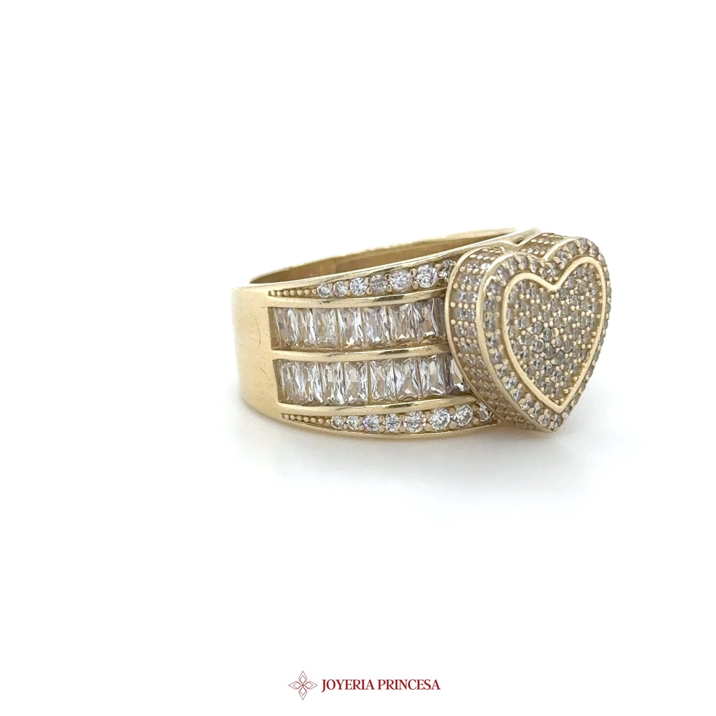 14K Gold Heart-Shaped Ring with Baguette and Round Stones