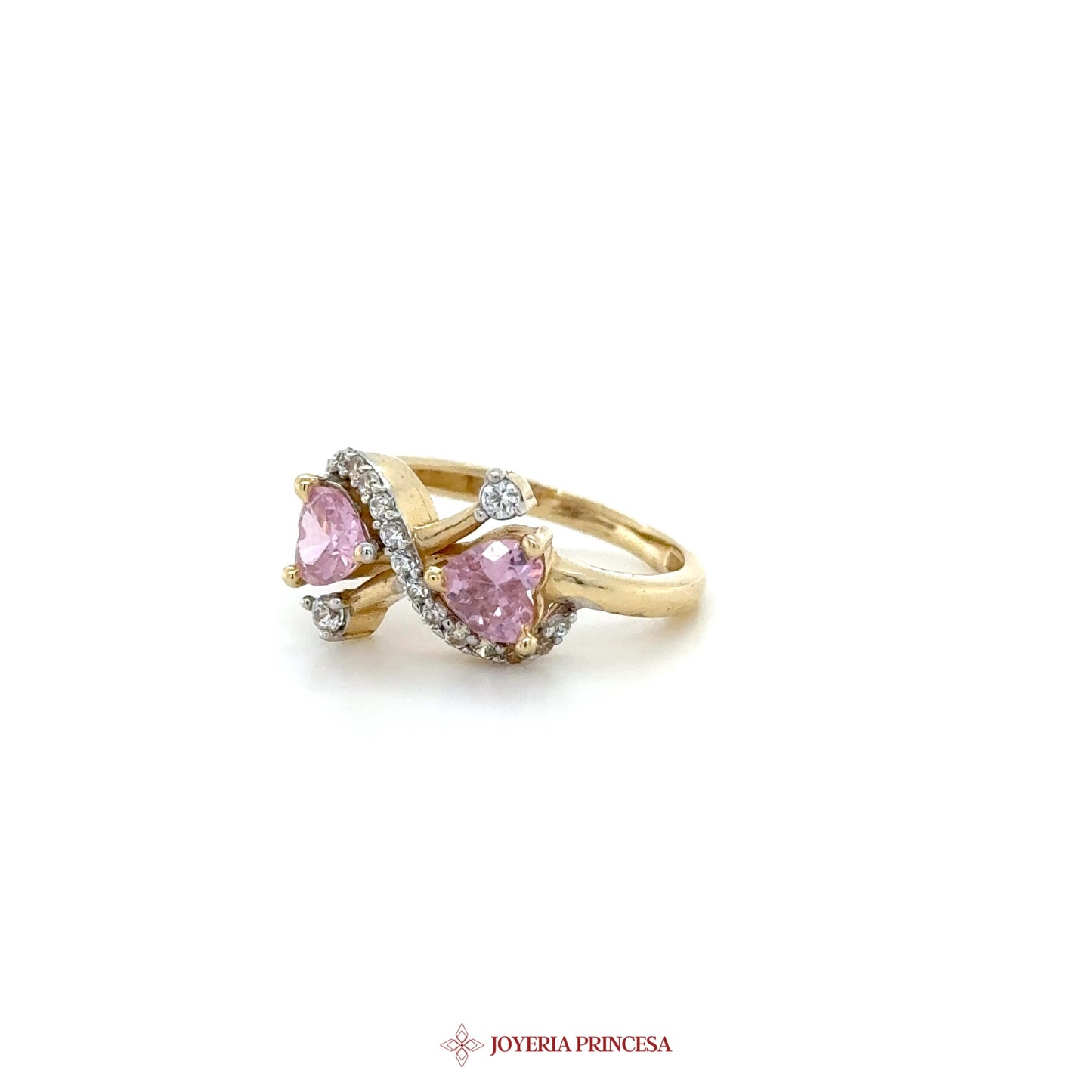 14K Gold Heart-Shaped Pink Stone Dangle Ring