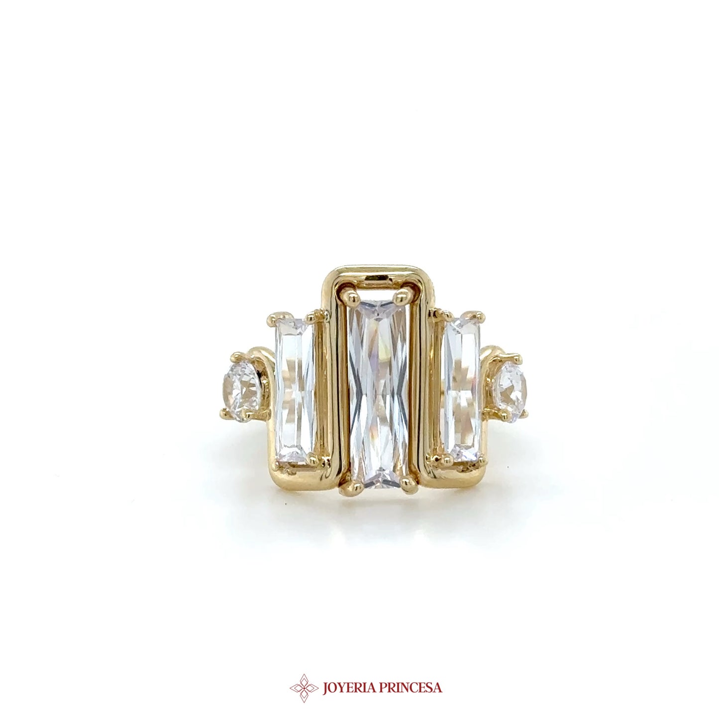 14K Gold Triple Baguette and Round CZ Ring