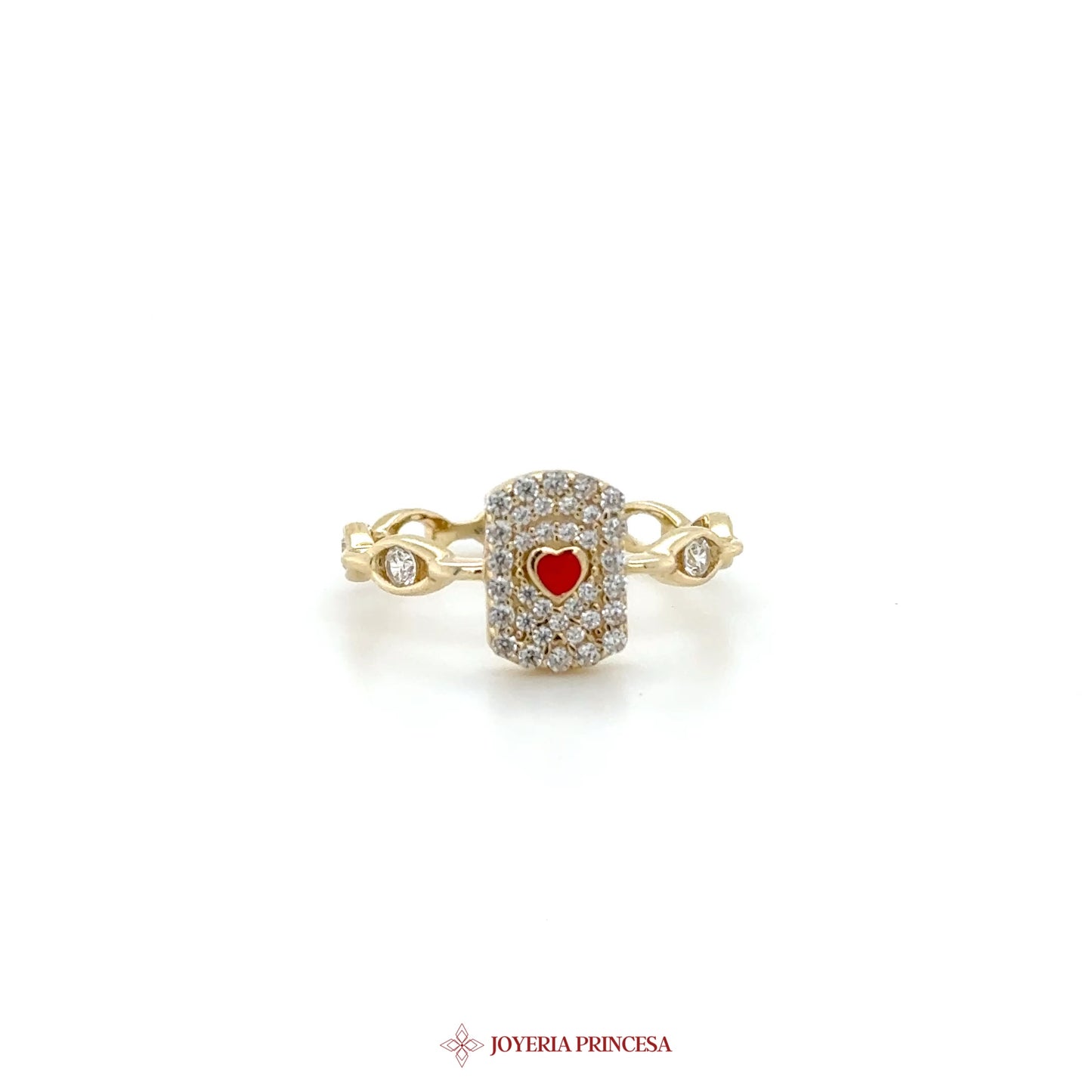 14K Gold Heart Motif Ring with Red and Clear Stones