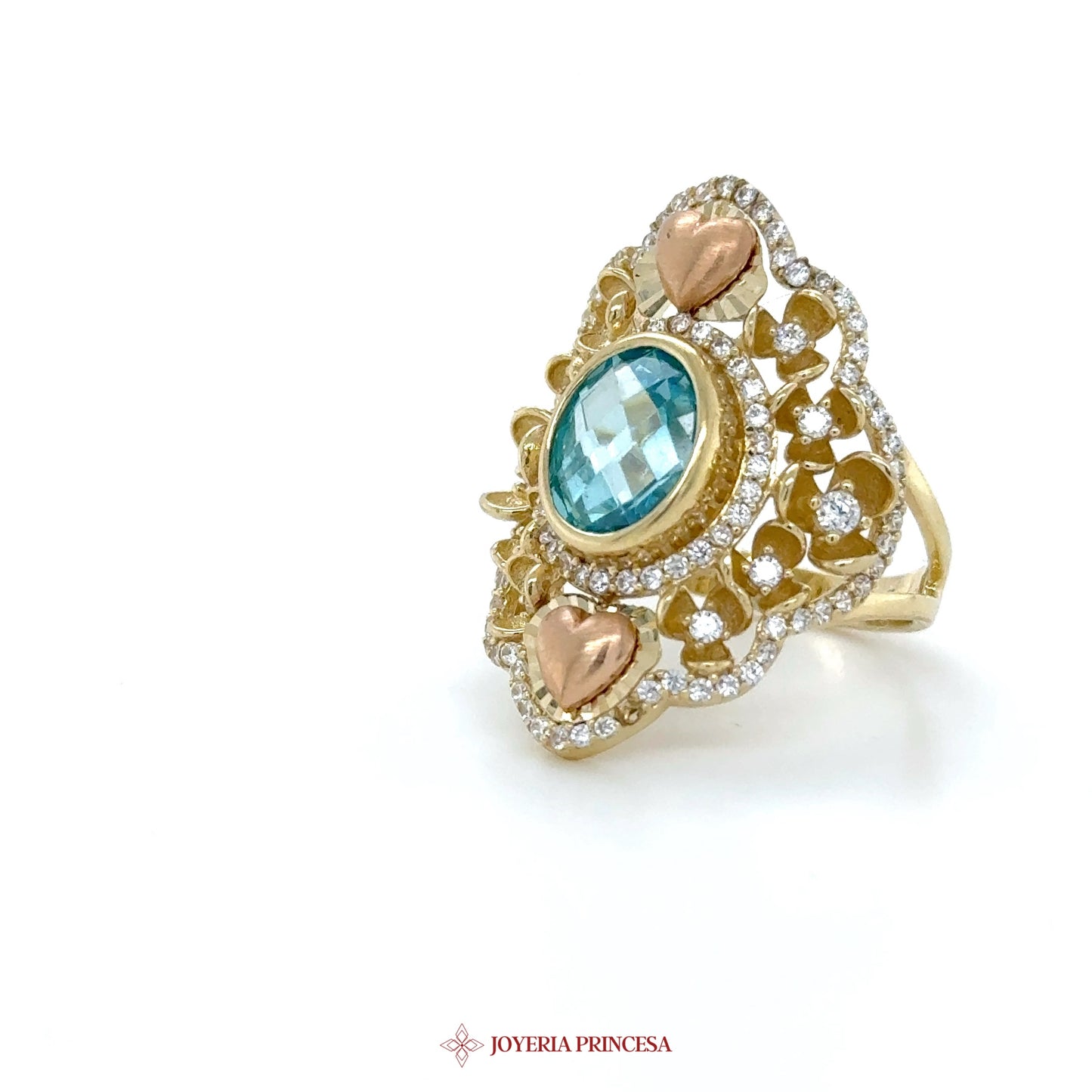 14K Heart Motif Blue Topaz and CZ Ring