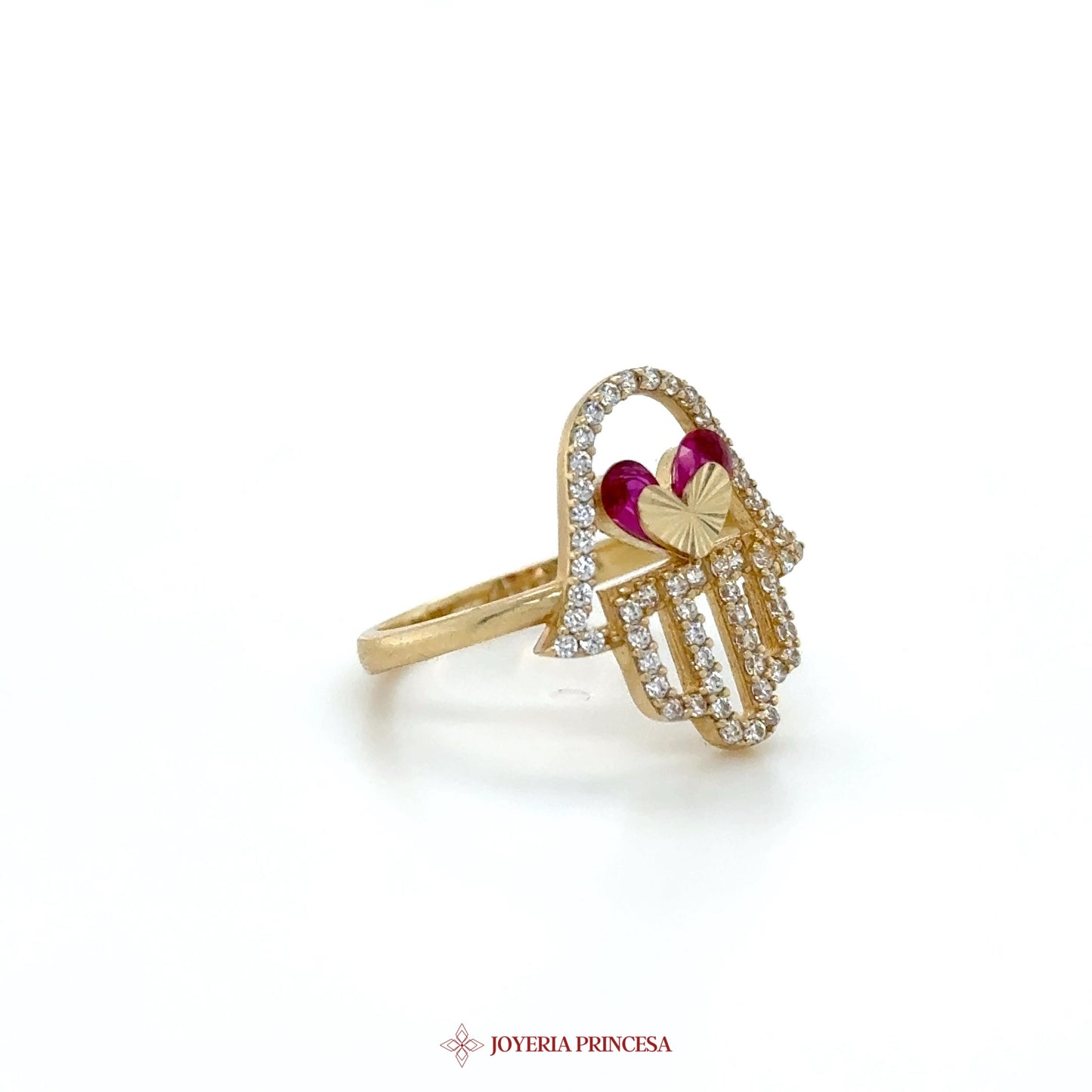 14K Gold Hamsa Hand Ring with Heart Motif and CZ Stones