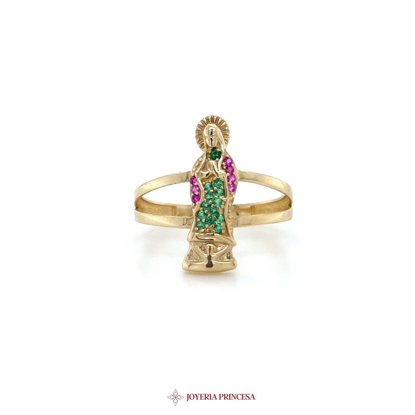 14K Gold Virgin Mary Motif Ring with Colorful Stones