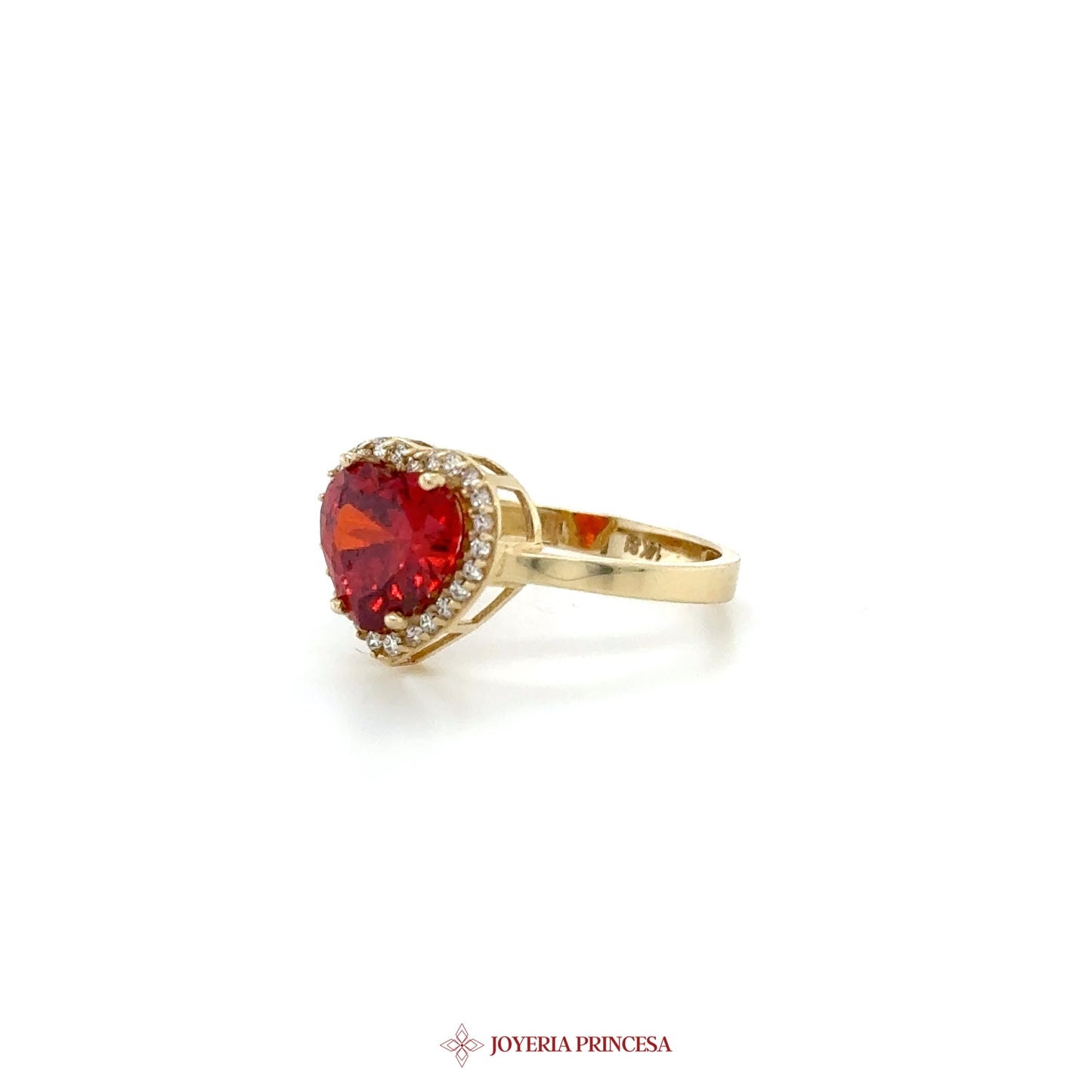 14K Heart-Shaped Red Stone Ring with CZ Accents