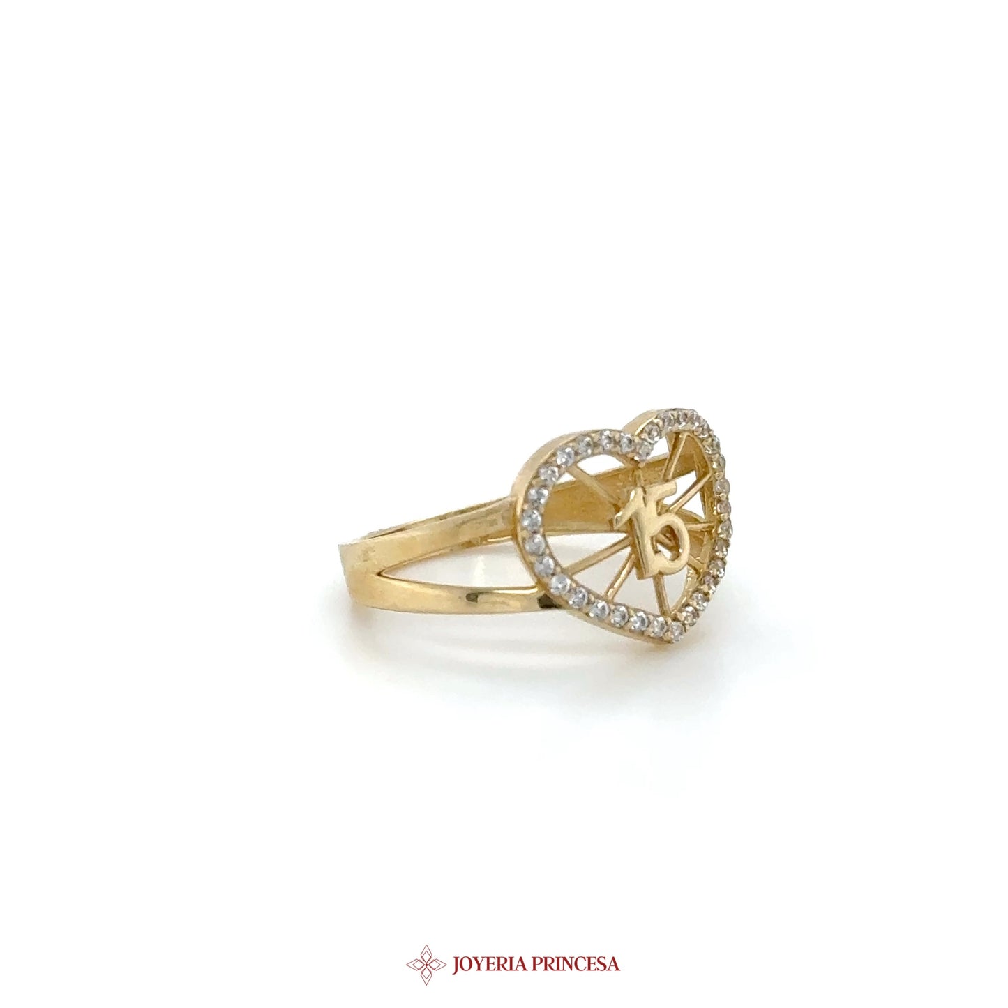 14K Gold Heart Ring with 15 Motif and CZ Stones