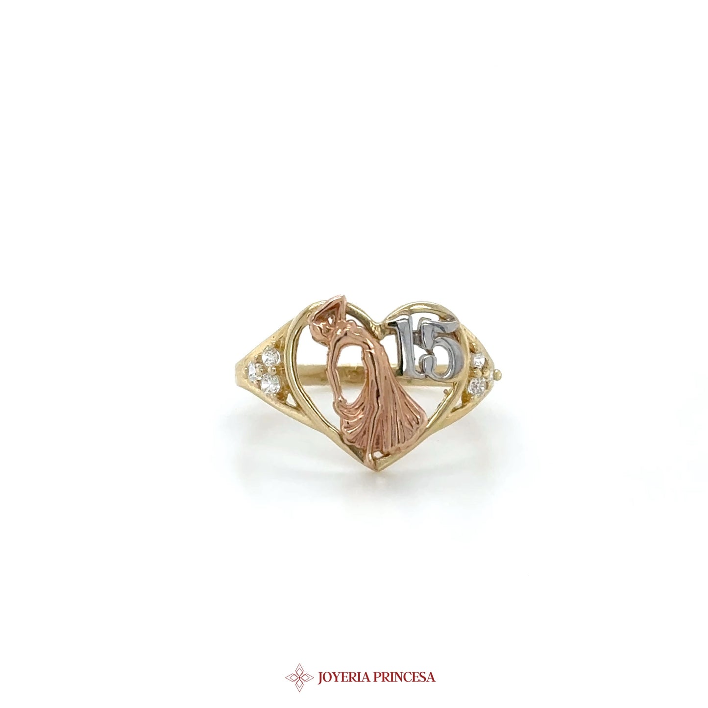 14K Gold Heart-Shaped Ring with Lady Motif and CZ Stones