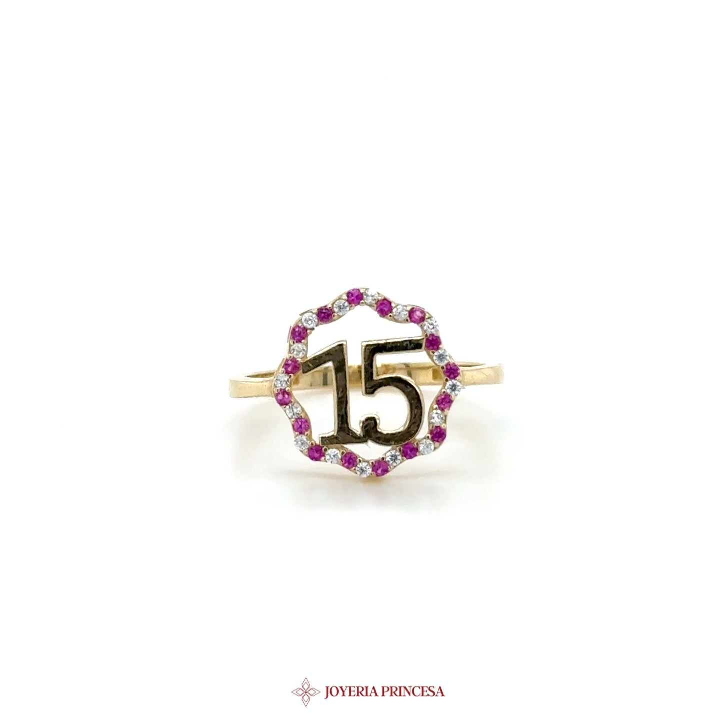 14K Gold Number 15 Ring with Pink Stones