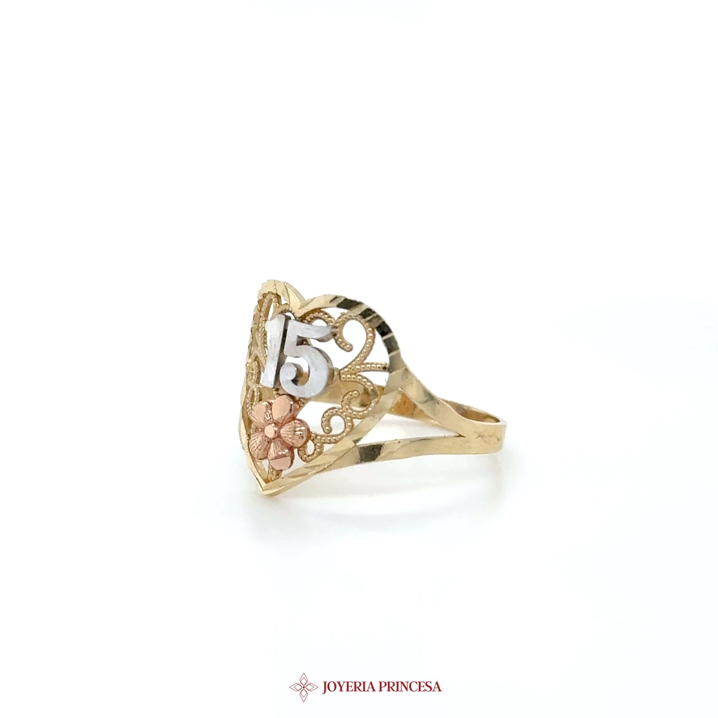 14K Heart Shaped 15th Birthday Ring with Floral Motif