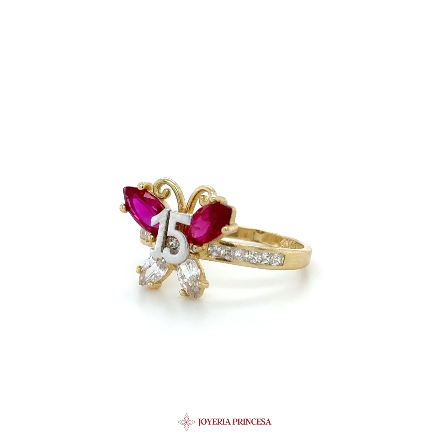 14K Gold Quinceanera Butterfly Ring with Ruby and CZ Stones (UN-1509)