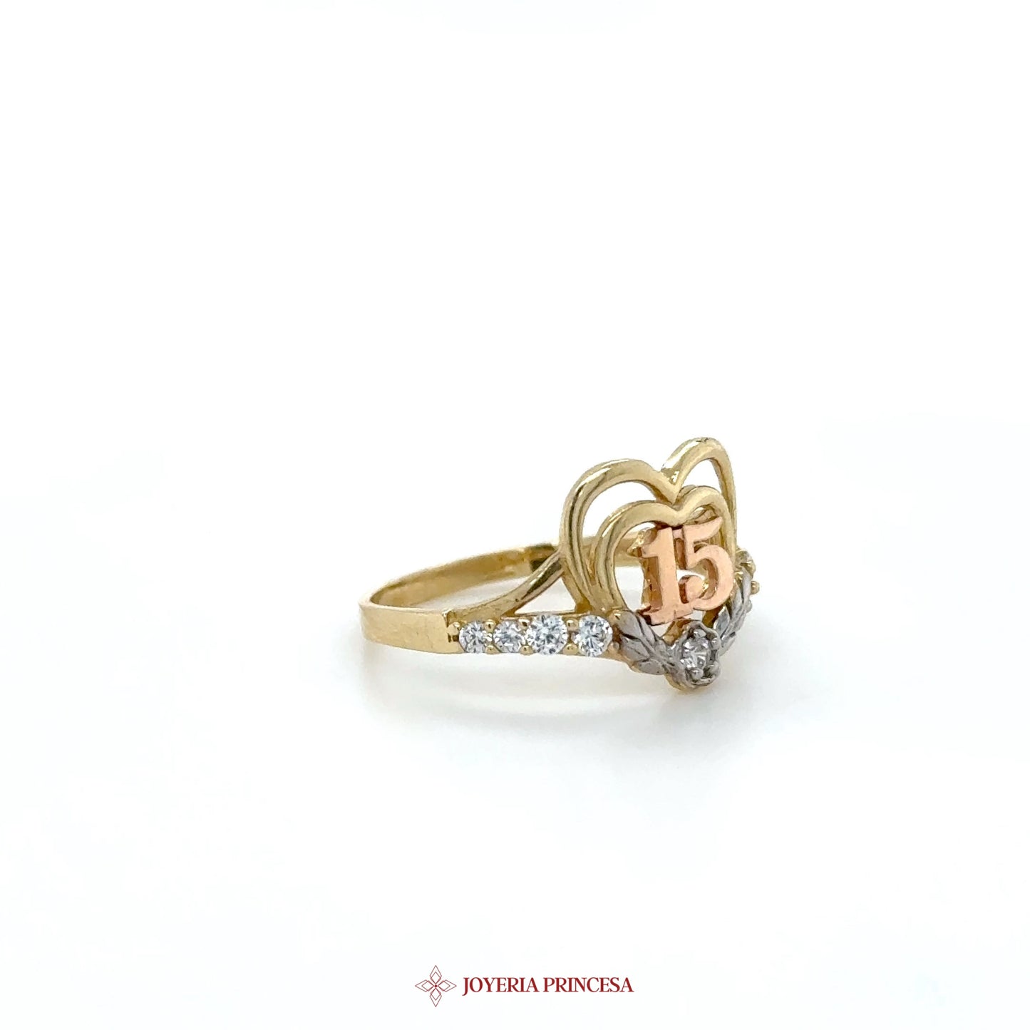 14K Gold Heart Ring with 15 and Simulated Stones