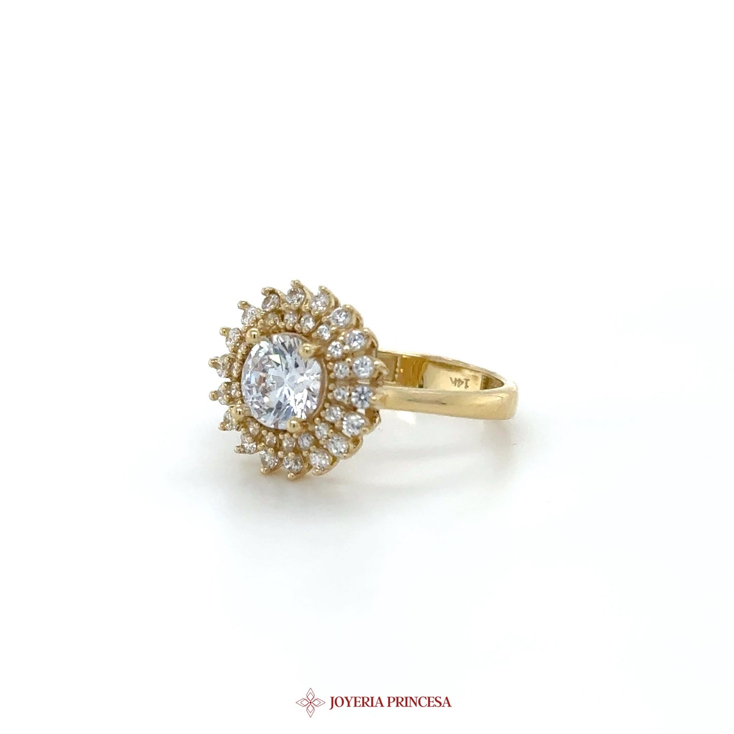 14K Gold Sunburst Halo Ring with CZ Stones