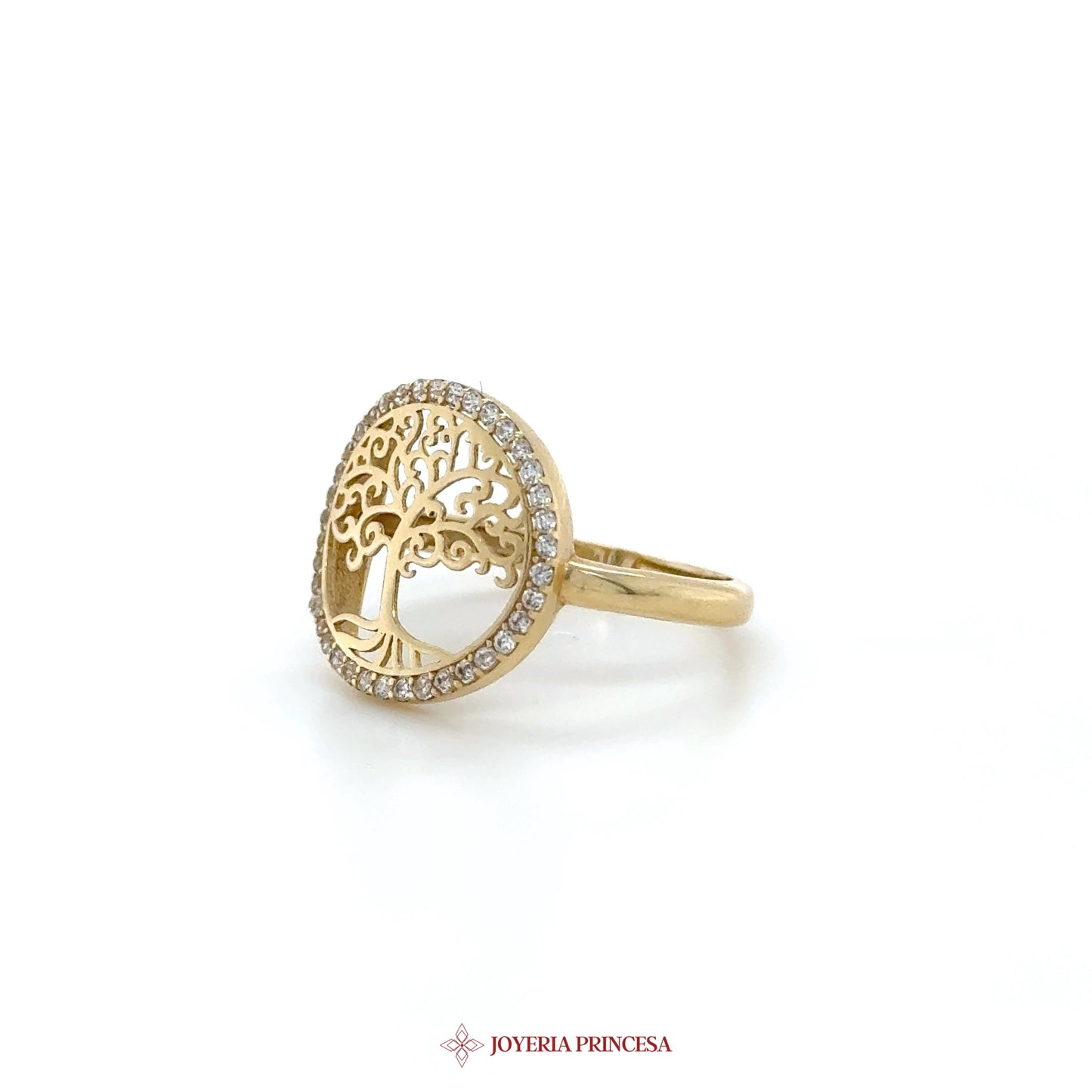 14K Gold Tree of Life Ring with CZ Stones