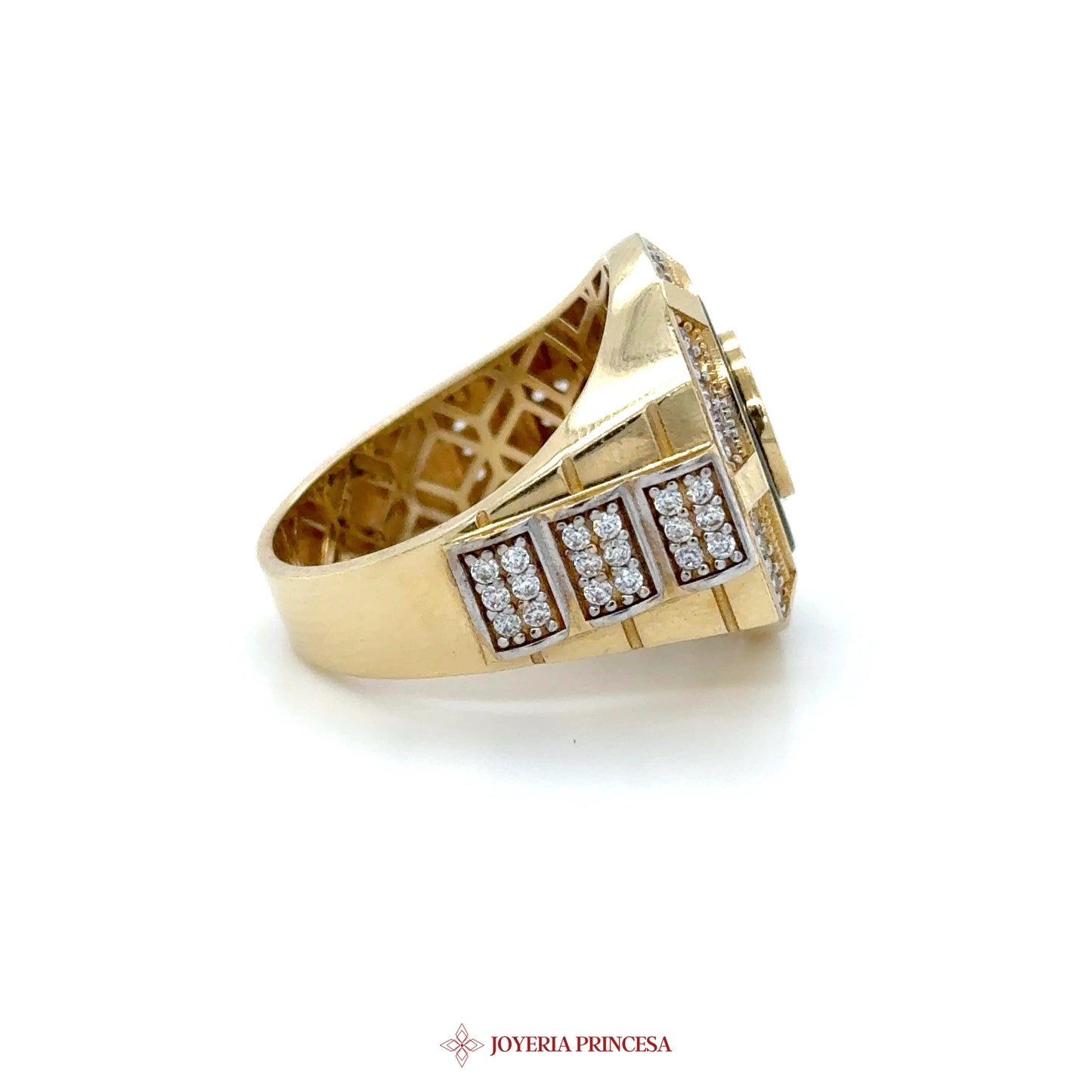 14K Yellow Gold Geometric Design Ring with CZ Stones