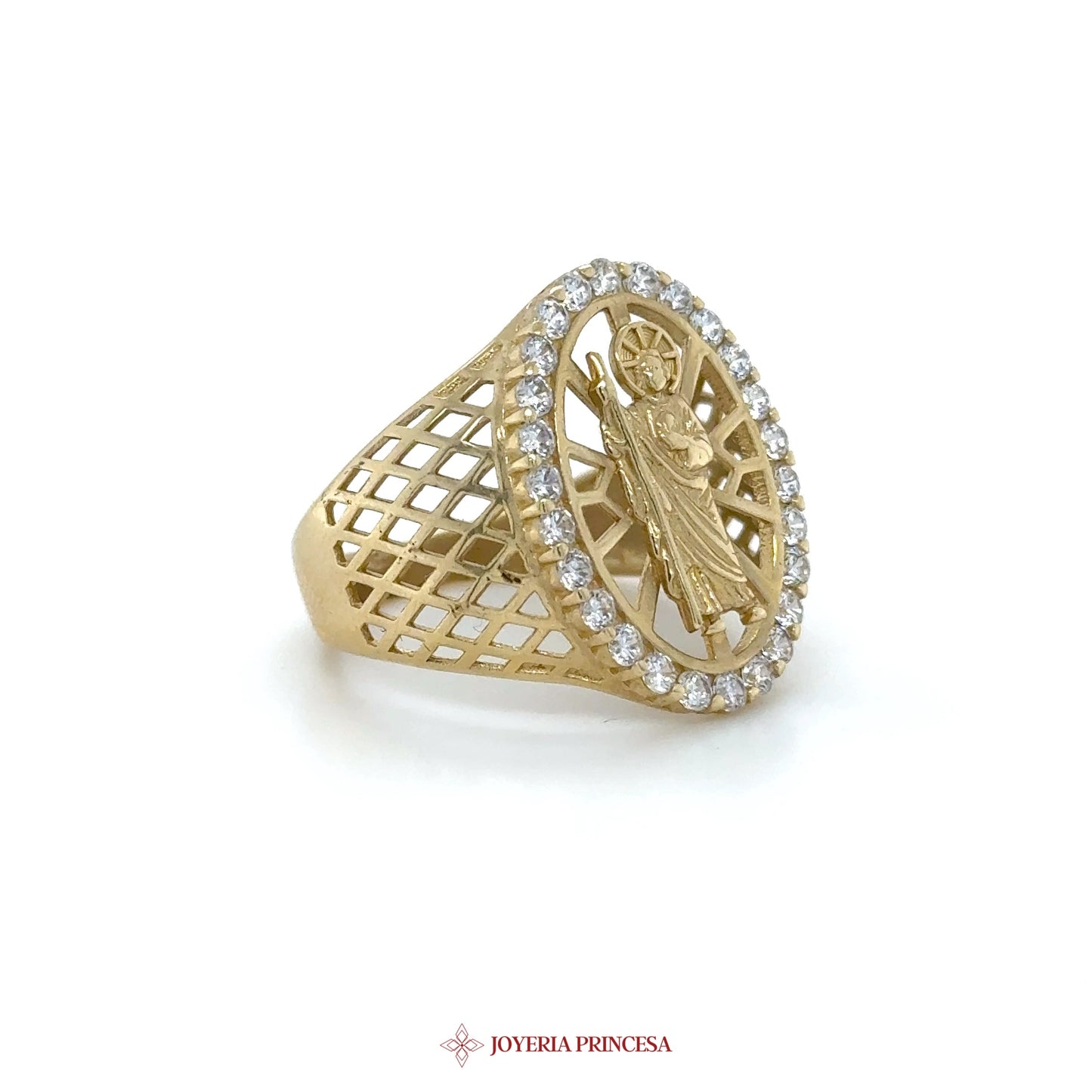 14K Gold Saint Motif Ring with CZ Accents