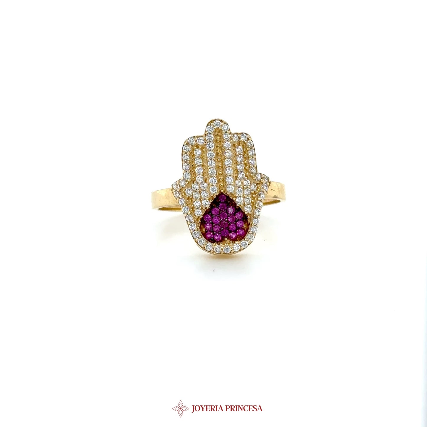 14K Gold Hamsa Hand Ring with Pink Accents