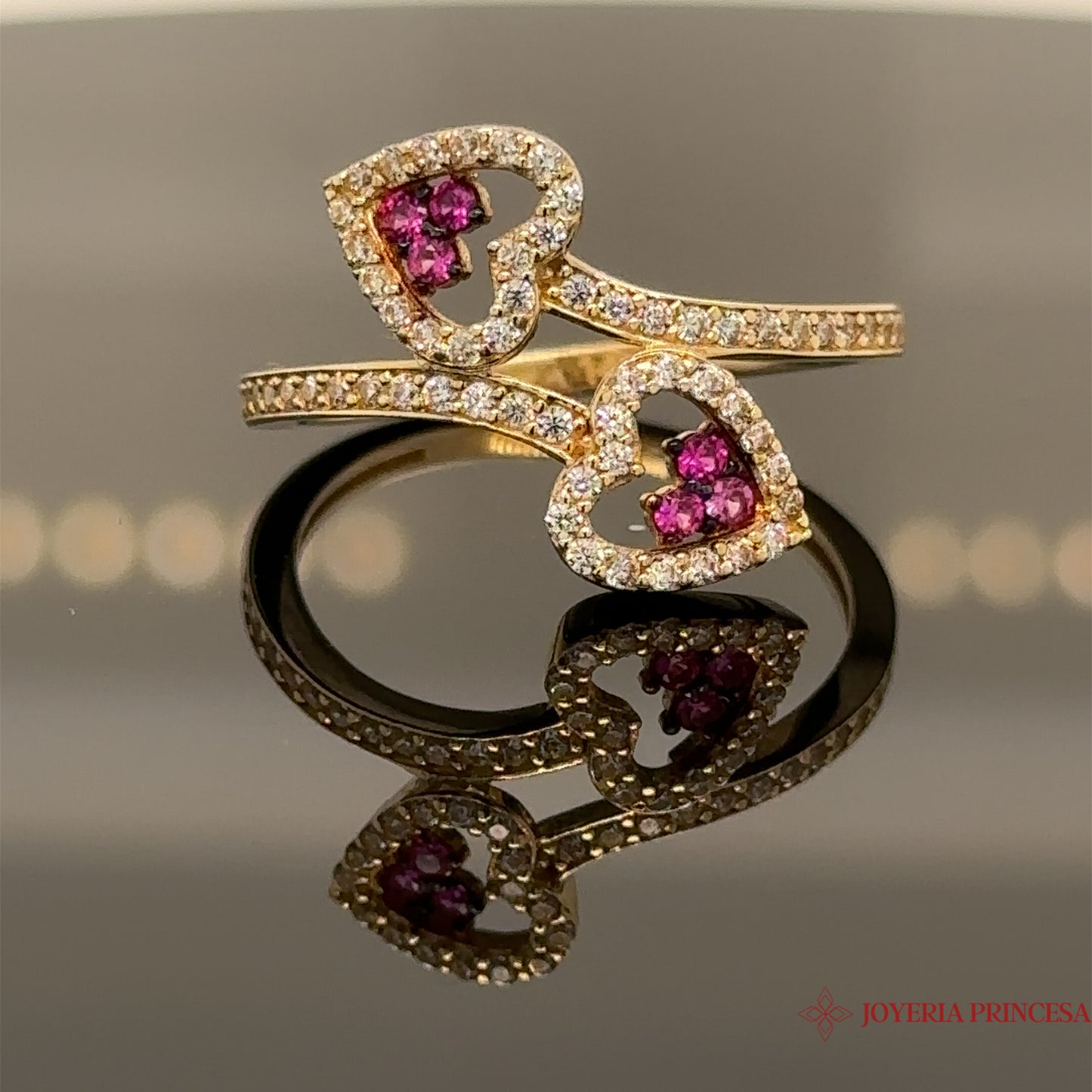 Anillo Corazones Direccionales Rosa 14K
