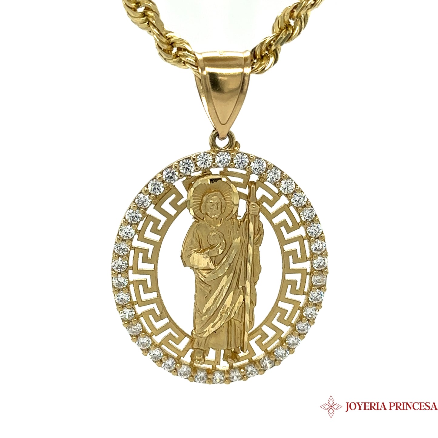 Colgante San Judas de oro de 14 quilates rodeado de circonitas