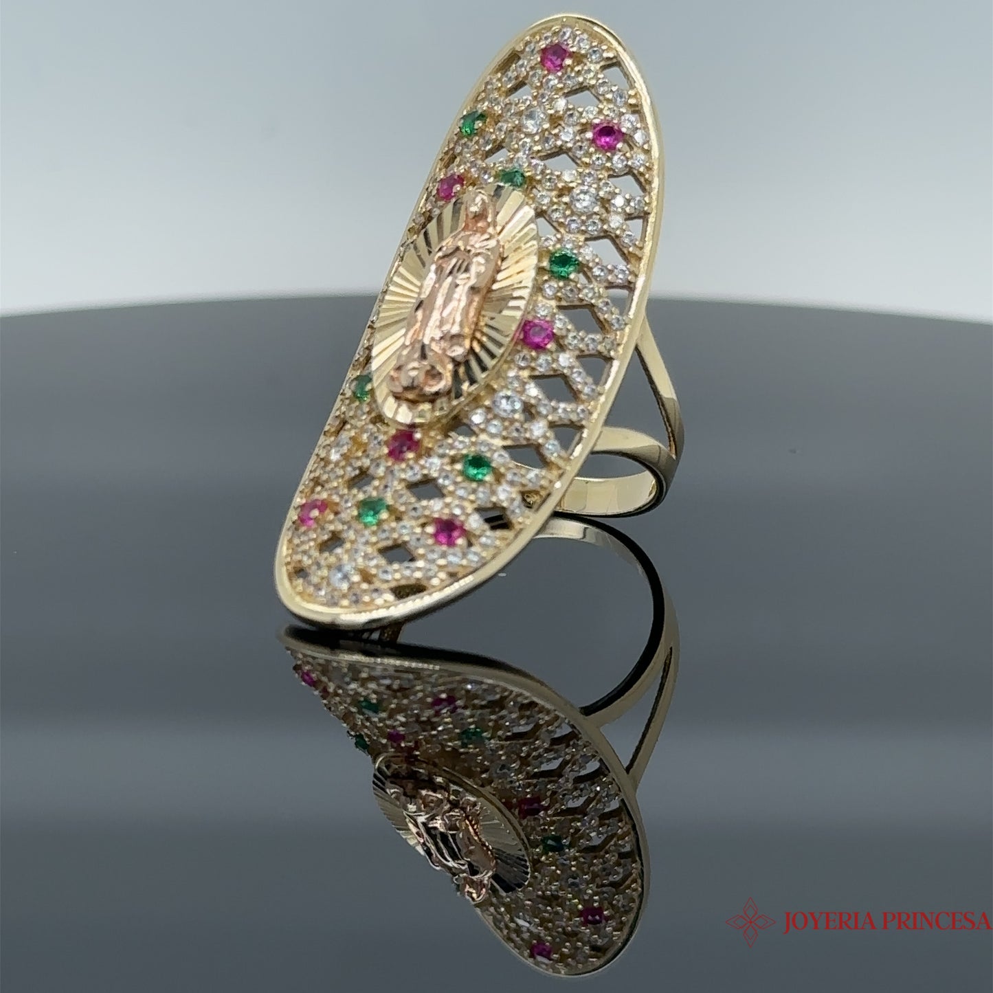 Anillo María Virgen 14K con circonitas rosas y verdes