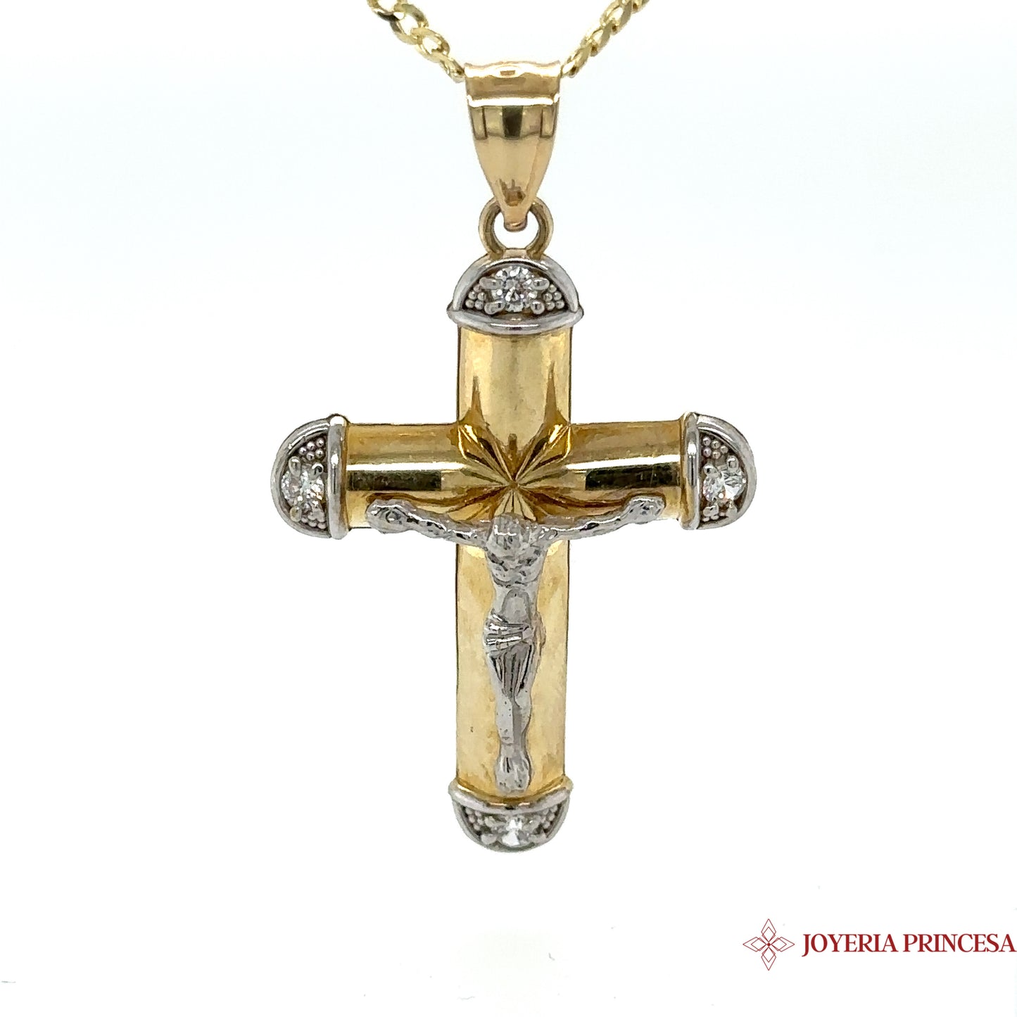 Crucifijo de oro blanco y amarillo de 10 quilates