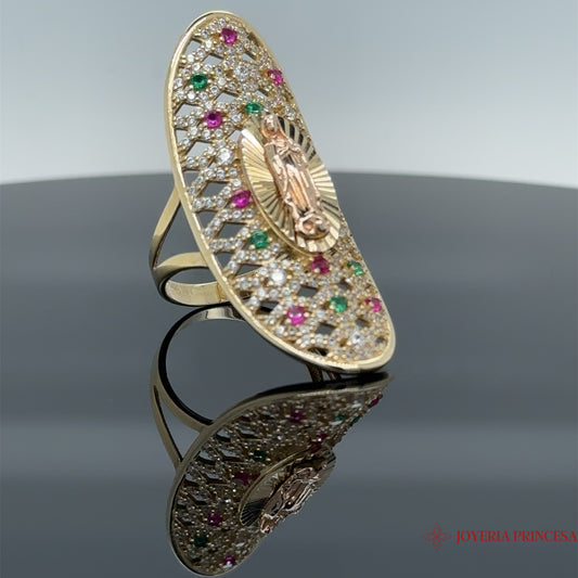 Anillo María Virgen 14K con circonitas rosas y verdes