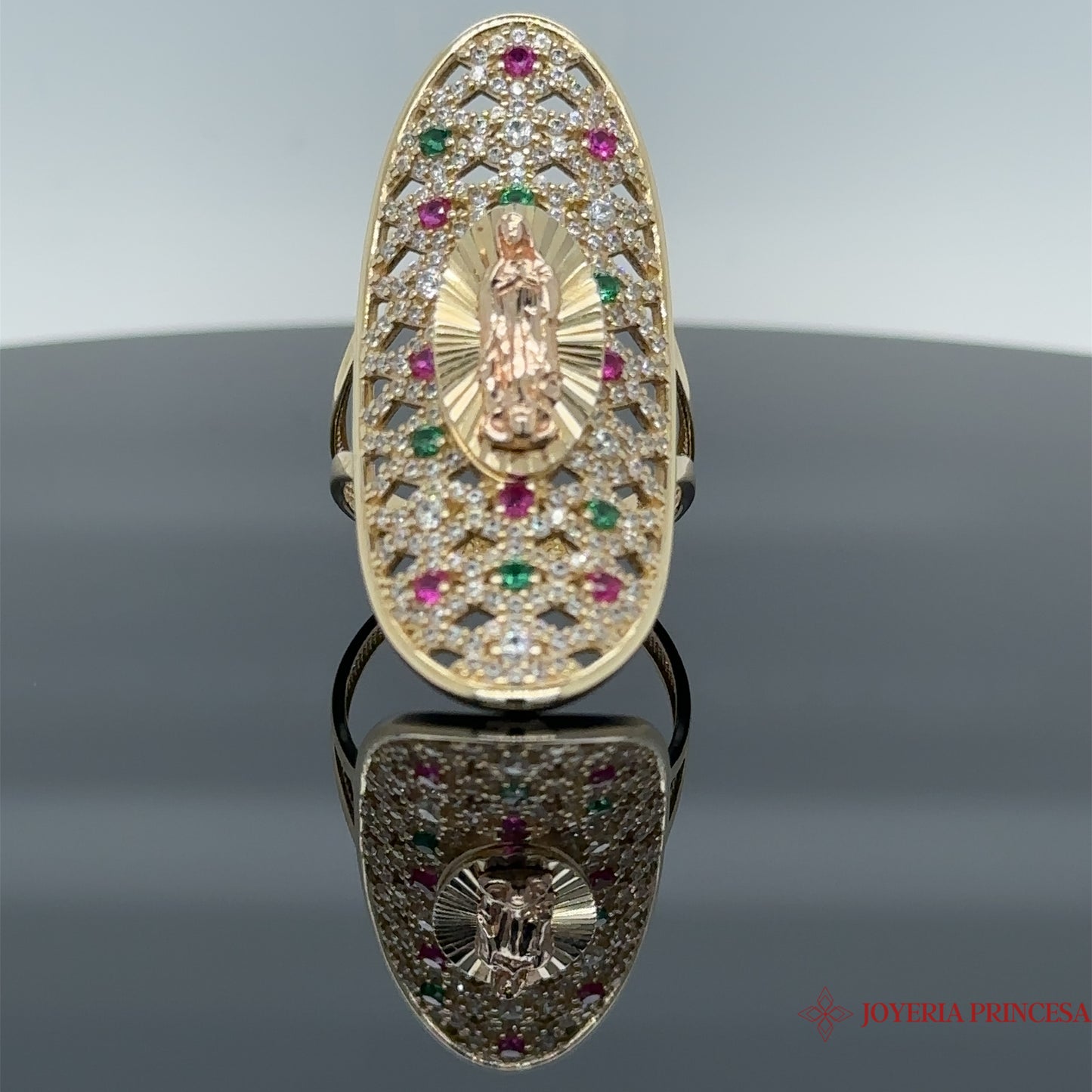 Anillo María Virgen 14K con circonitas rosas y verdes