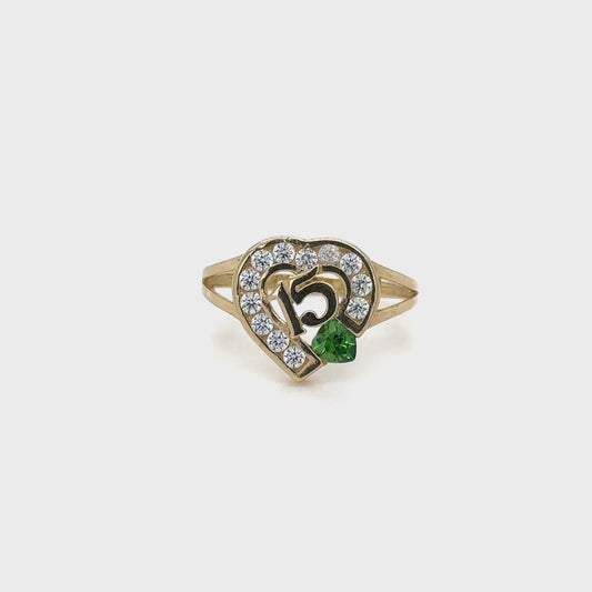 Anillo Corazón Quinceañera Oro 10K con Gema Verde