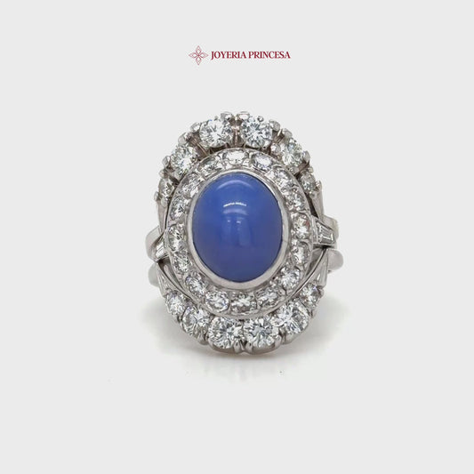 Anillo de oro blanco con zafiro estrella azul de 14 quilates y diamantes naturales