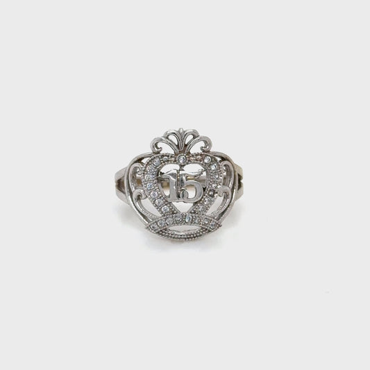 Anillo de oro blanco de 14 quilates Radiance Quinceañera Crest Ring