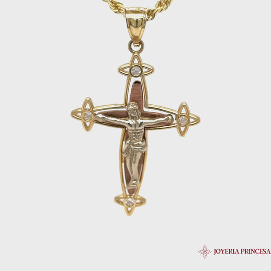 Cruz de Jesús 14K con 4 Circonitas